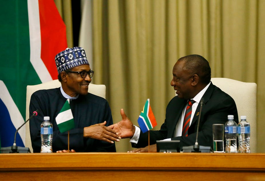 Nigeria’s President Muhammadu Buhari (L) and South Africa’s President Cyril Ramaphosa perhaps need to extend their hand shakes into the outer space. Photo by Phill Magakoe/AFP via Getty Images)